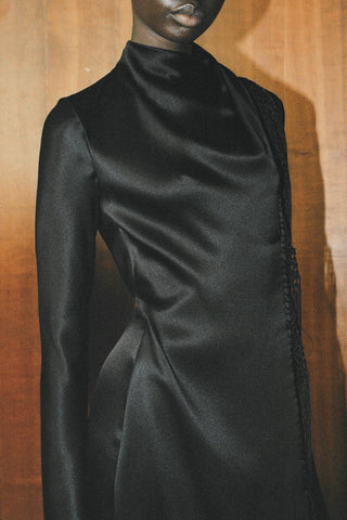 Anne Dress in Black Silk Satin with Silk Macrame