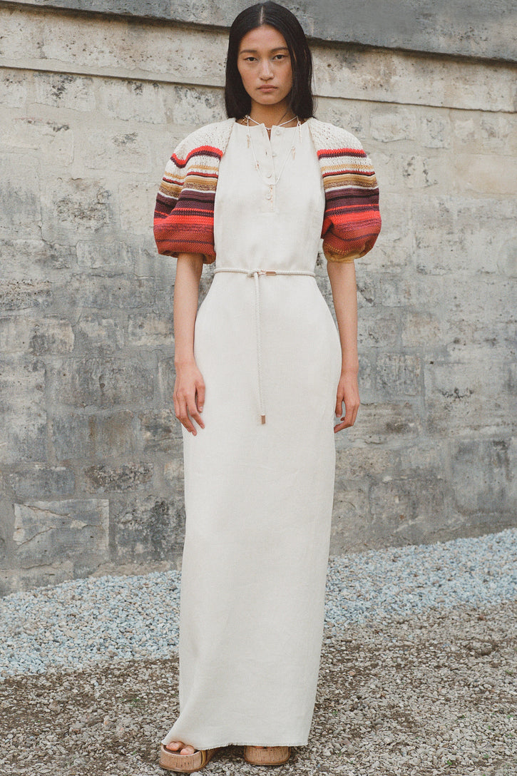 Nomo Crochet Puff Sleeve Maxi Dress in Ivory Textured Linen Twill