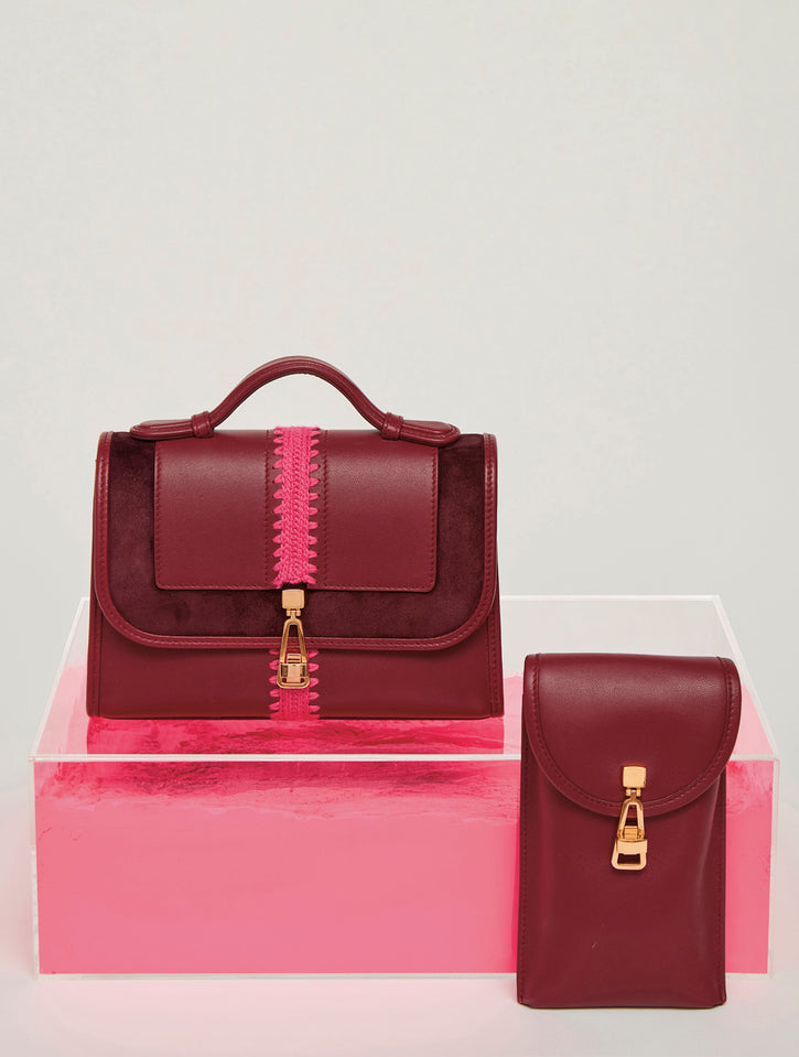 Small Leonora Flap Embroidered Bag in Bordeaux Nappa Leather