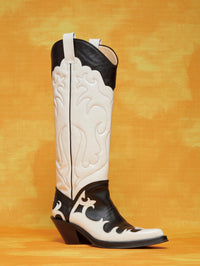 Capitana Cowboy Boot in White & Black Pearlized Leather