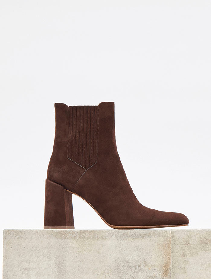 Luke High Heel Ankle Boot in Chocolate Suede