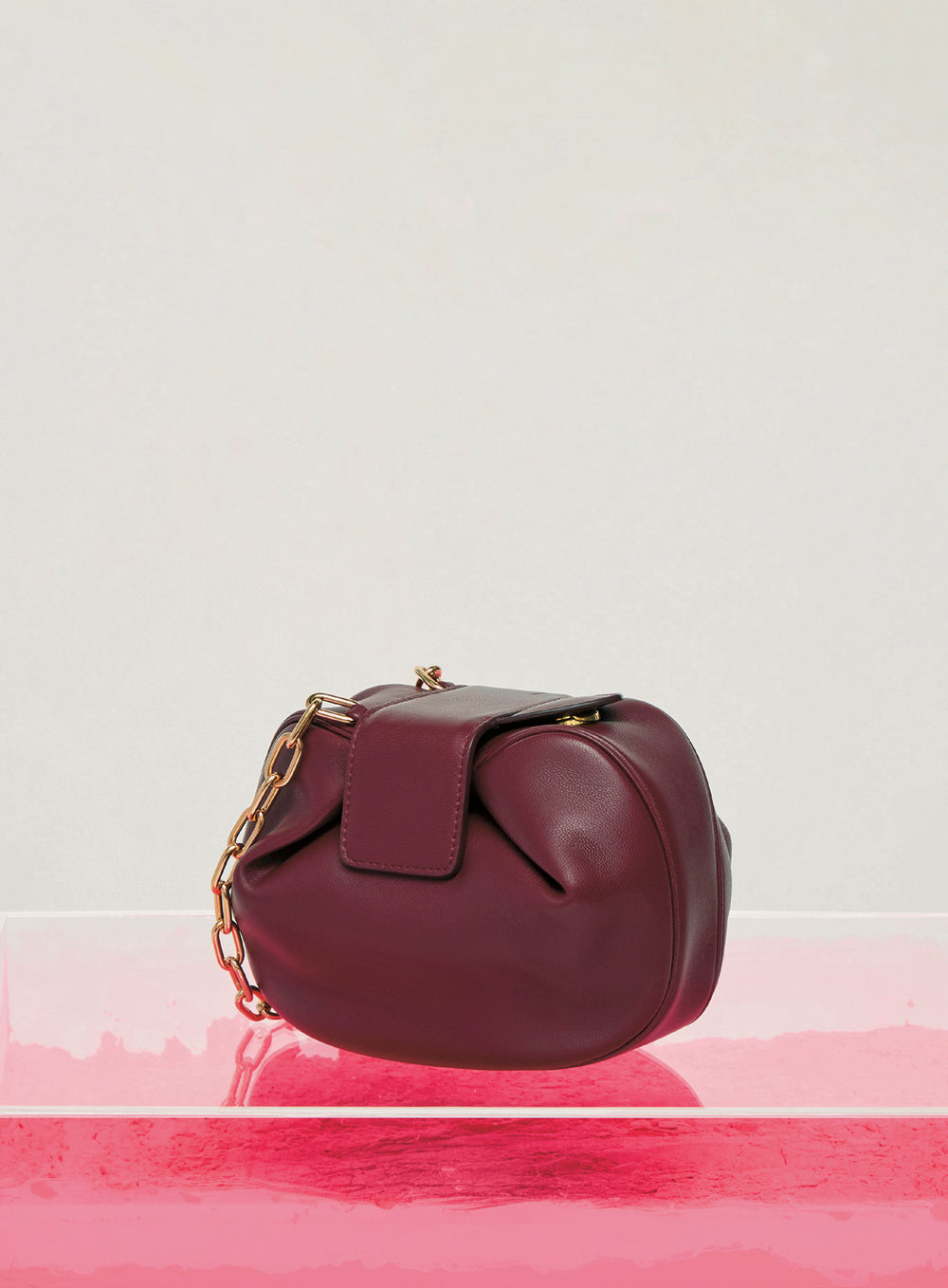 Soft Demi Clutch with Chain in Bordeaux Nappa Leather