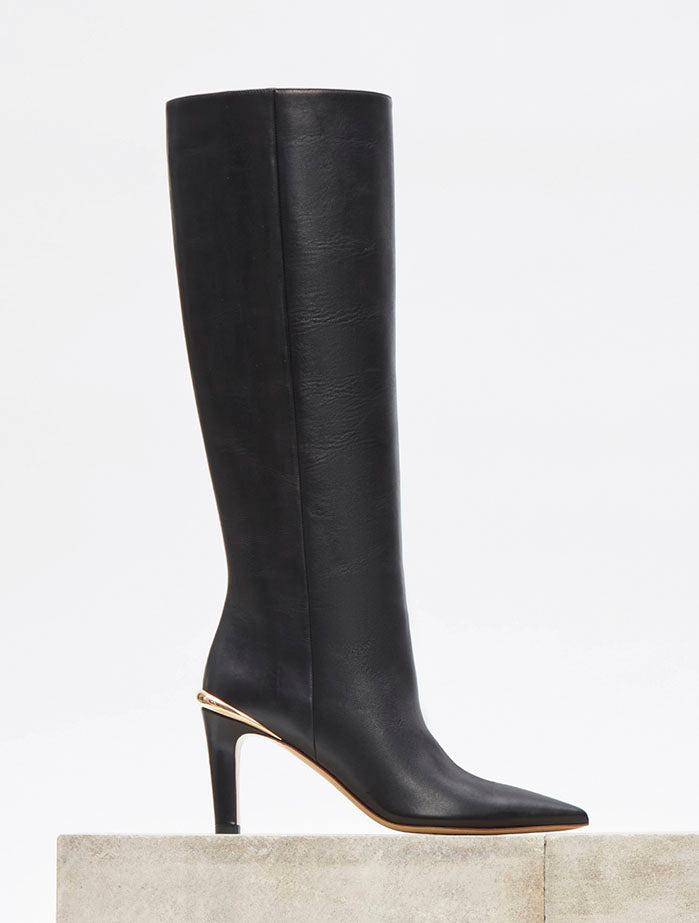 Aura High Heel Stiletto Tall Boot in Black Leather