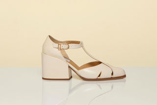 Cream Hawes T-Strap Block Heel Pump - Studio Side Profile, Gold Buckle Detail | Gabriela Hearst