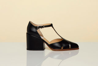 Black Leather Hawes T-Strap Block Heel Pump - Product Shot | Gabriela Hearst
