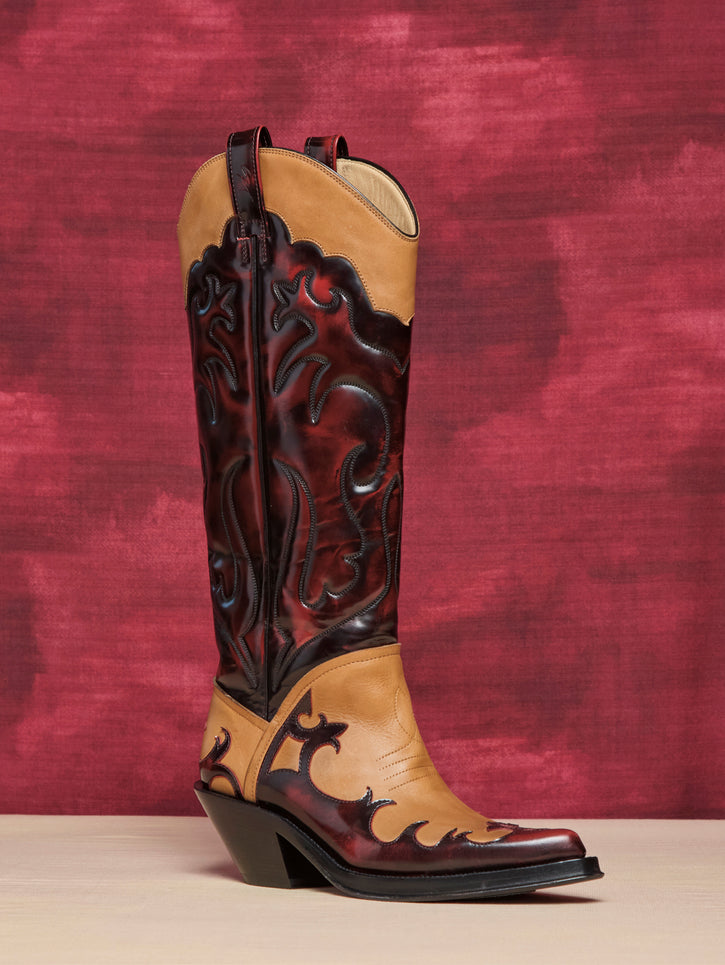 Capitana Cowboy Boot in Light Brown & Red Pearlized Leather