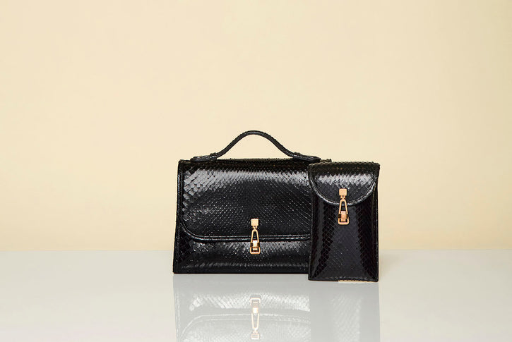 Medium Leonora Flap Bag in Black Snakeskin