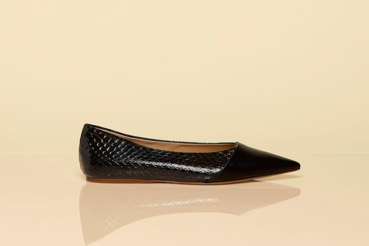 Empress Ballerina Flat Shoe in Black Snakeskin & Leather
