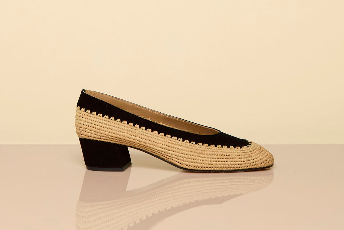 Strength Pump in Black Suede & Natural Raffia
