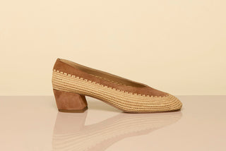Camel Suede Natural Raffia Strength Pump - Lifestyle Side View | Gabriela Hearst