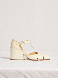 Evita T-Strap Heel in Pearlized White Leather