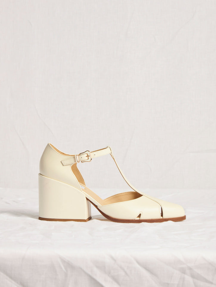 Evita T-Strap Heel in Pearlized White Leather