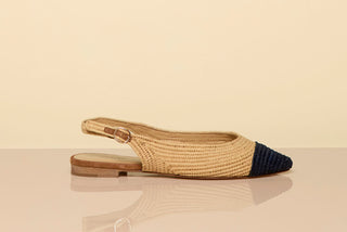Natural Raffia Slingback Flats with Navy Cap Toe - Studio Profile | Gabriela Hearst