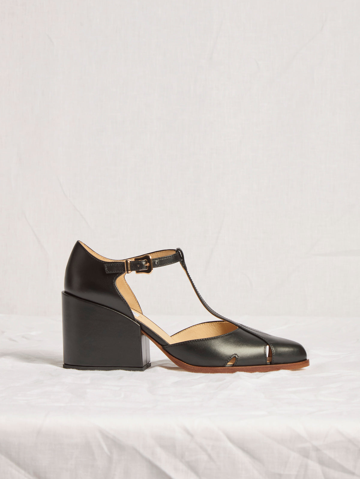 Evita T-Strap Heel in Black Leather