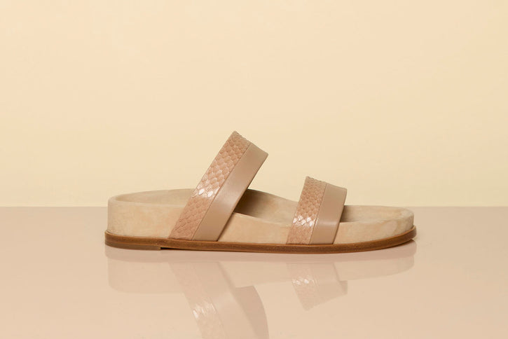 Low Striker Flat Sandal in Nude Snakeskin & Nappa Leather