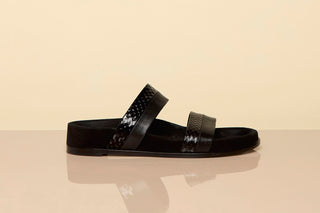 Black Snakeskin & Leather Striker Flat Sandals - Studio Side View | Gabriela Hearst