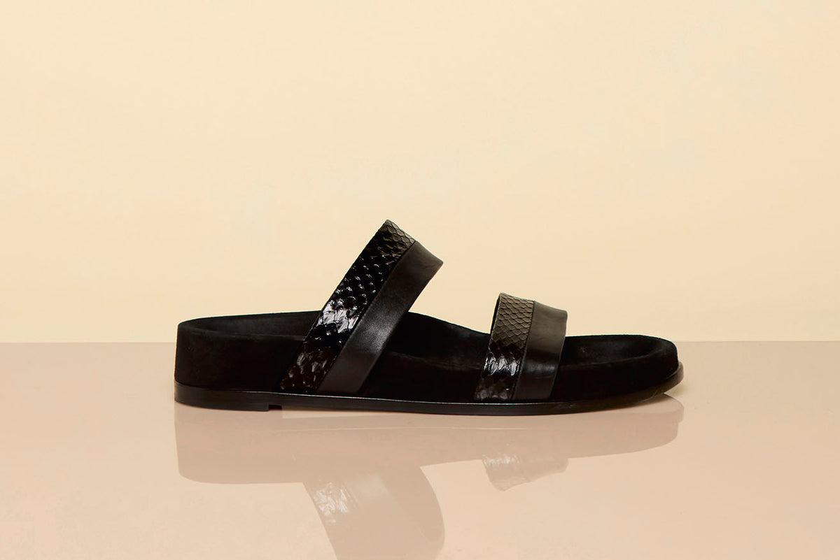 Low Striker Flat Sandal in Black Snakeskin & Nappa Leather