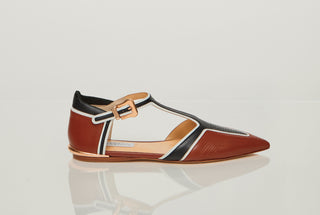 Cognac Multi Leather Leya Moto T-Strap Flat with Rose Gold Hardware - Studio View | Gabriela Hearst