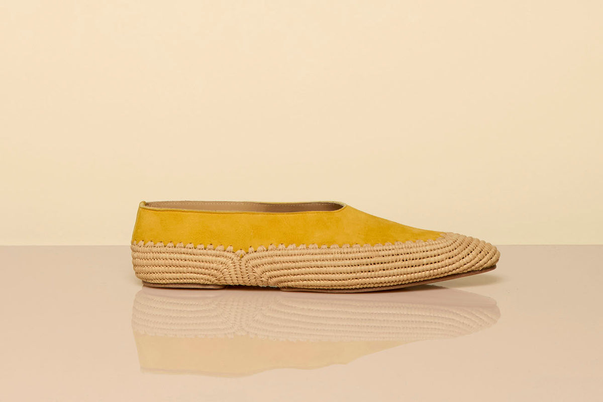 Strength Flat Shoe in Golden Birch Suede & Natural Raffia