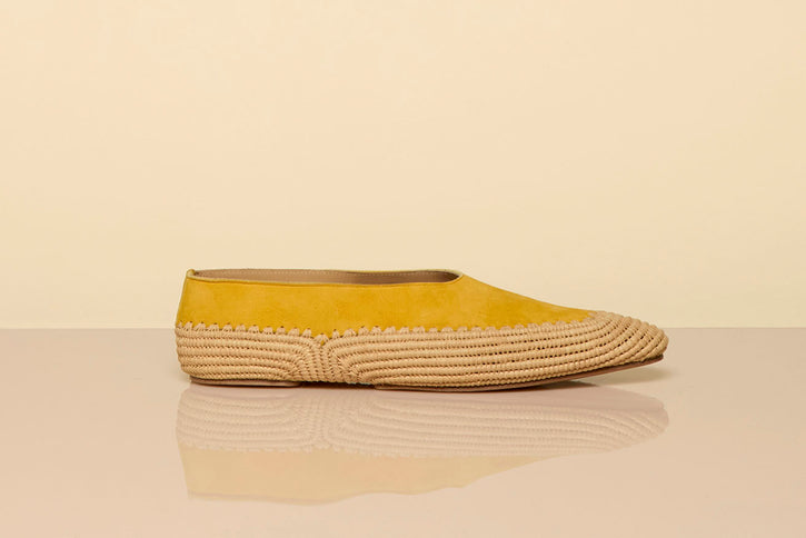 Strength Flat Shoe in Golden Birch Suede & Natural Raffia