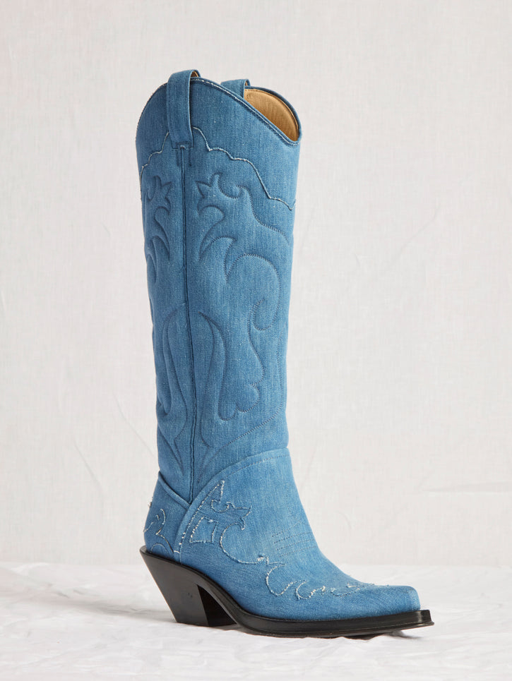 Capitana Cowboy Boot in Light Blue Recycled Cotton Linen Denim