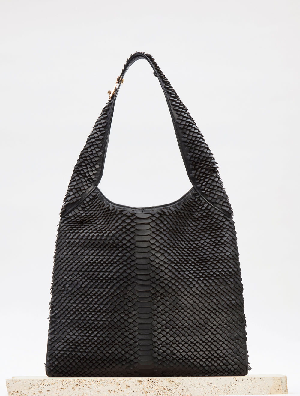 Large Hobo Bag in Black Leather Snake Scales
