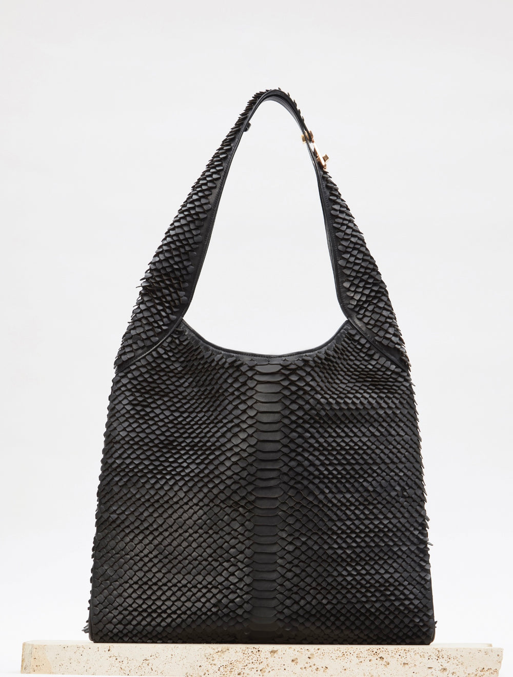 Large Hobo Bag in Black Leather Snake Scales