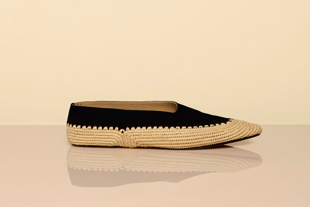 Strength Flat Shoe in Black Suede & Natural Raffia