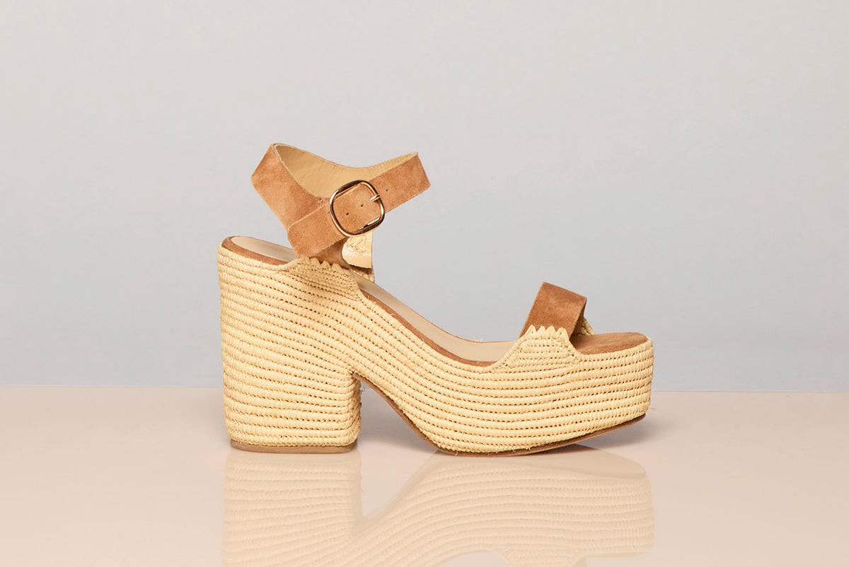 Sardis Platform Sandal in Camel Suede & Natural Raffia
