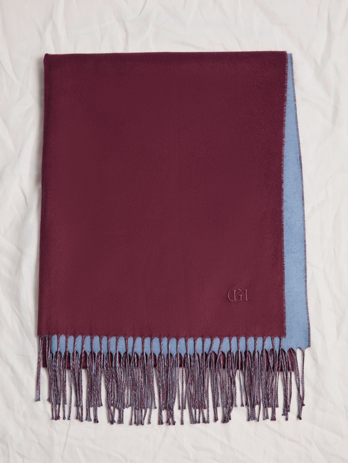 Hollis Fringe Scarf in Bordeaux & Sky Silk