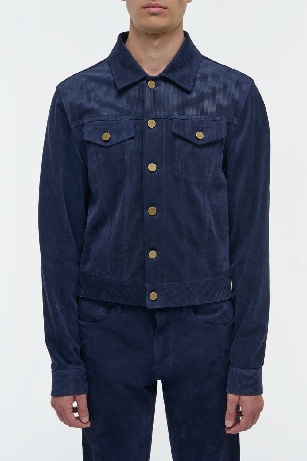 Barry Trucker Jacket in Electric Navy Suede Corduroy