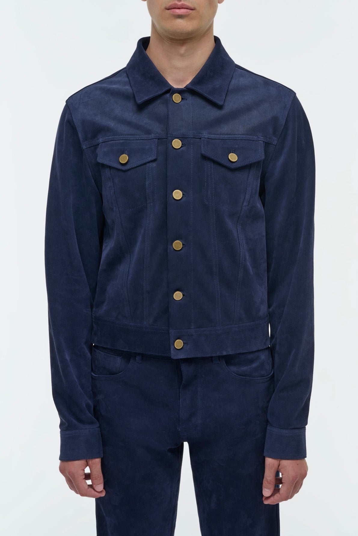 Barry Trucker Jacket in Electric Navy Suede Corduroy