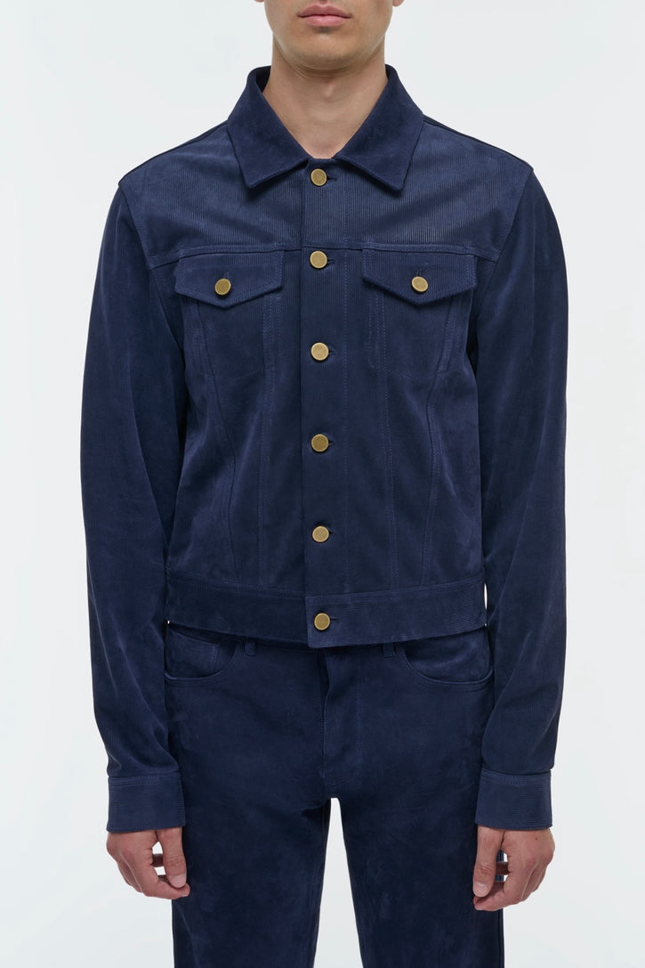 Barry Trucker Jacket in Electric Navy Suede Corduroy