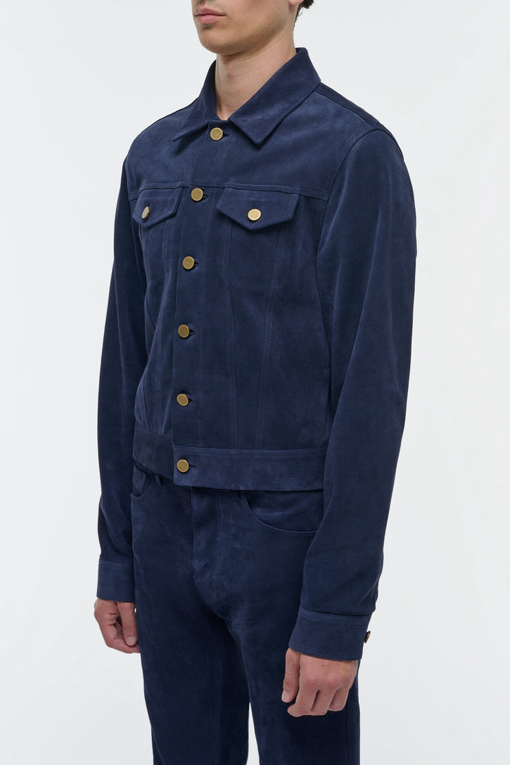 Barry Trucker Jacket in Electric Navy Suede Corduroy
