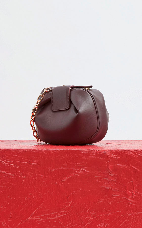 Soft Demi Clutch with Chain in Bordeaux Nappa Leather