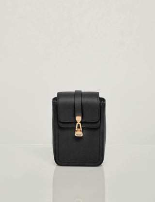Black Leather Designer Phone Pouch with Turnlock - Studio Shot | Gabriela Hearst