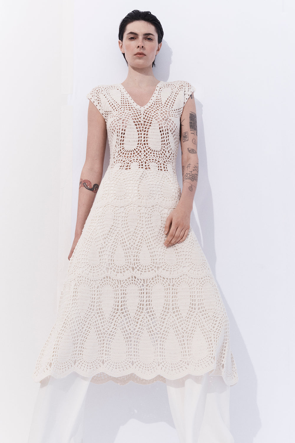 Waldman Crochet Maxi Dress in Ivory Wool Cashmere