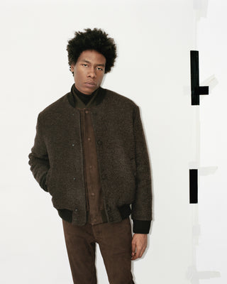 Brown Wool Bomber Jacket with Leather Trim - Front View on Model | Gabriela Hearst