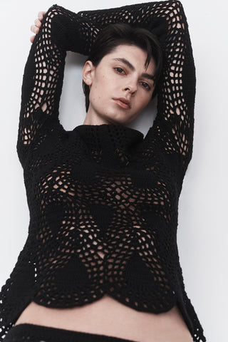 Cleo Crochet Skirt in Black Wool Cashmere