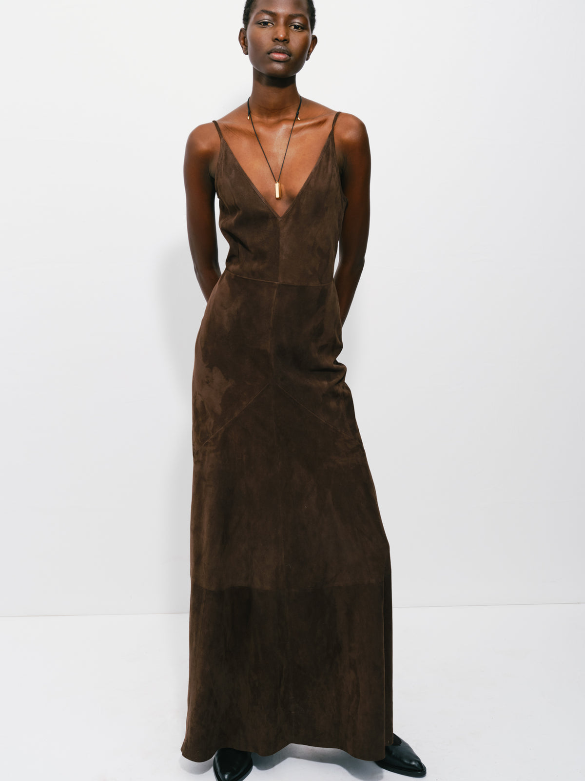 Brigita Slip Dress in Dark Chocolate Suede