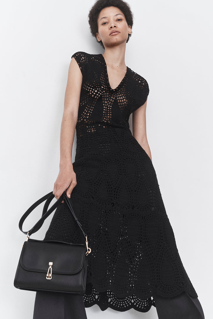 Waldman Crochet Maxi Dress in Black Wool Cashmere