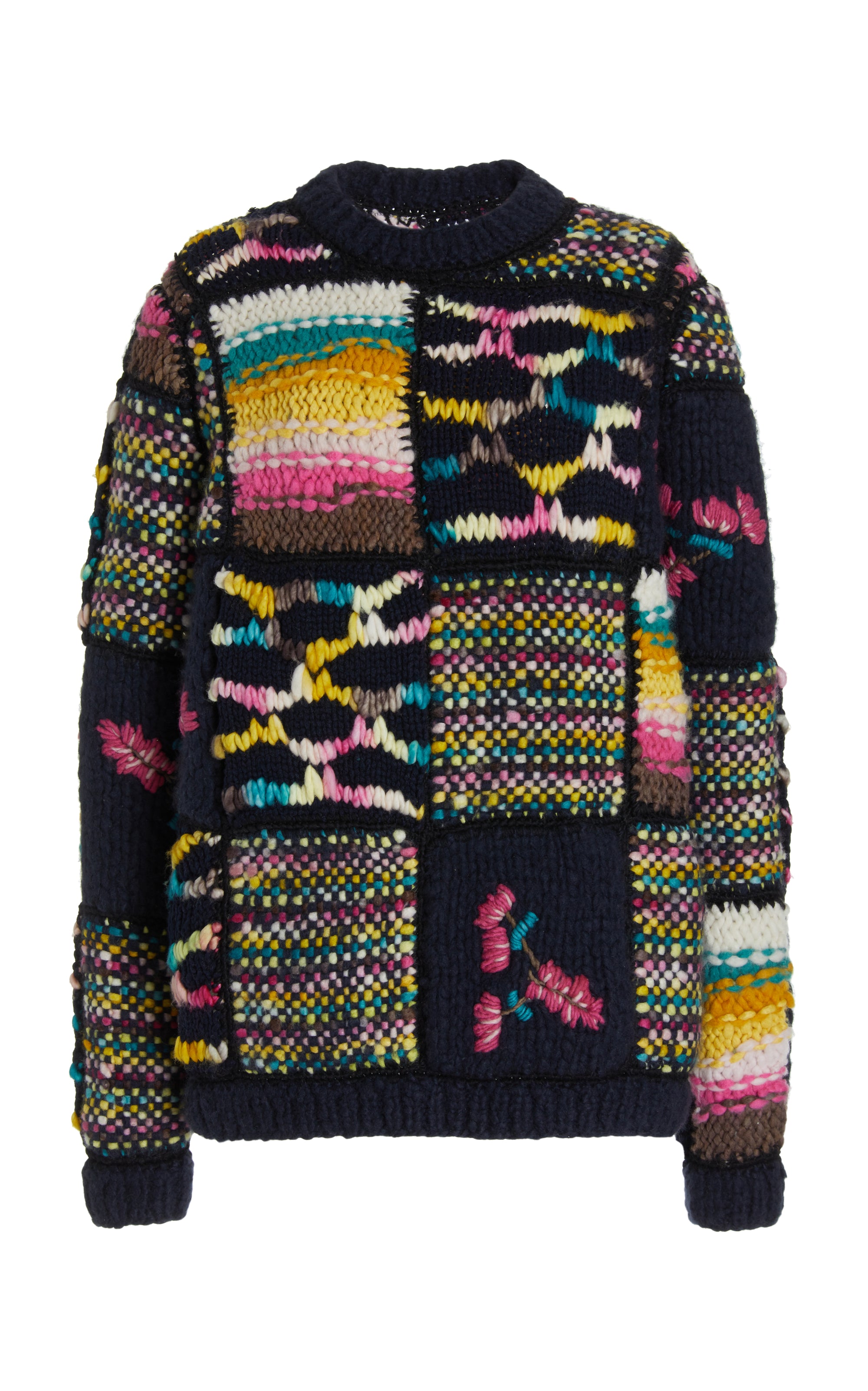 Lawrence Patchwork Knit Sweater in Dark Navy Multi Welfat Cashmere