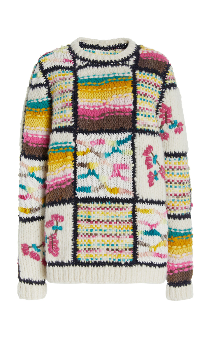 Lawrence Patchwork Knit Sweater in Ivory Multi Welfat Cashmere