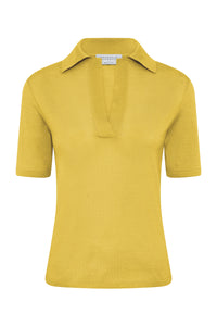 Caius Knit Short Sleeve Polo in Citrine Cashmere Silk