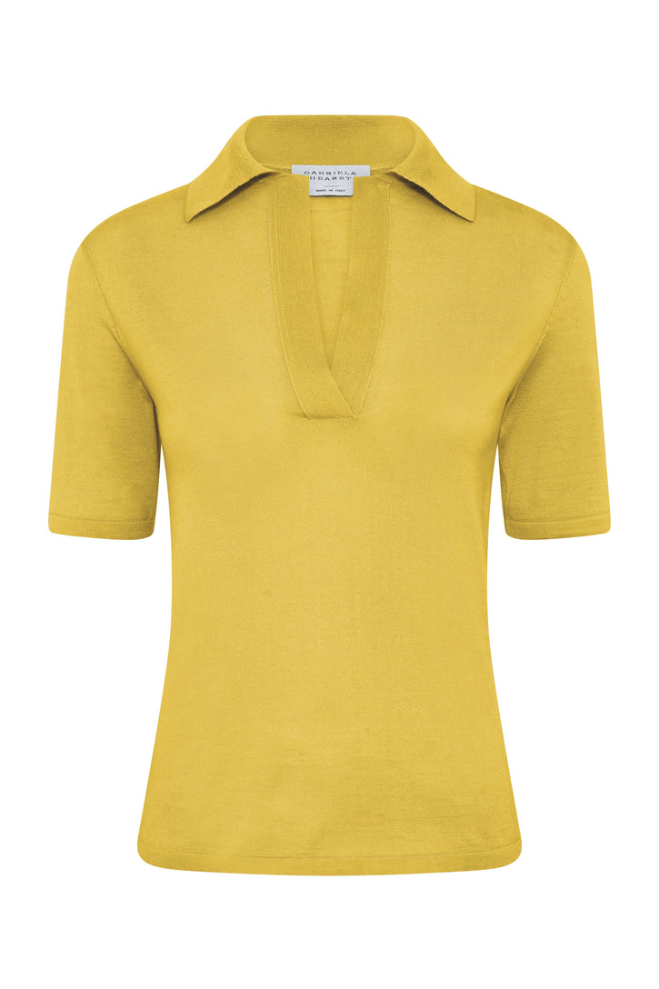 Caius Knit Short Sleeve Polo in Citrine Cashmere Silk