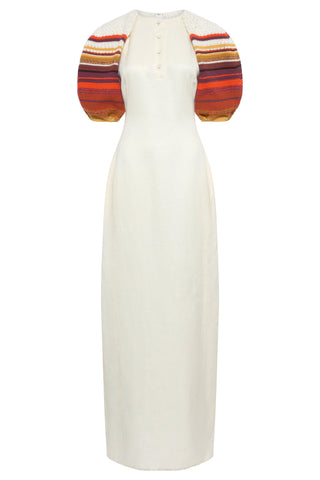 Ivory Linen Nomo Dress with Multicolor Crochet Puff Sleeves - Front View | Gabriela Hearst