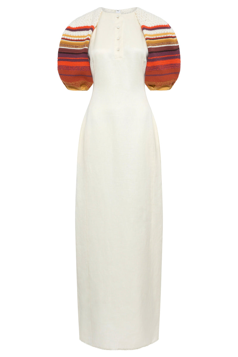 Ivory Linen Nomo Dress with Multicolor Crochet Puff Sleeves - Front View | Gabriela Hearst