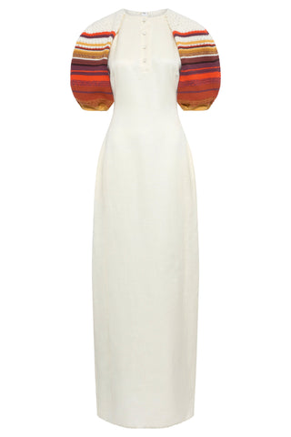 Nomo Crochet Puff Sleeve Maxi Dress in Ivory Textured Linen Twill