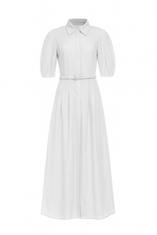 Maude Pleated Midi Shirtdress in White Aloe Linen