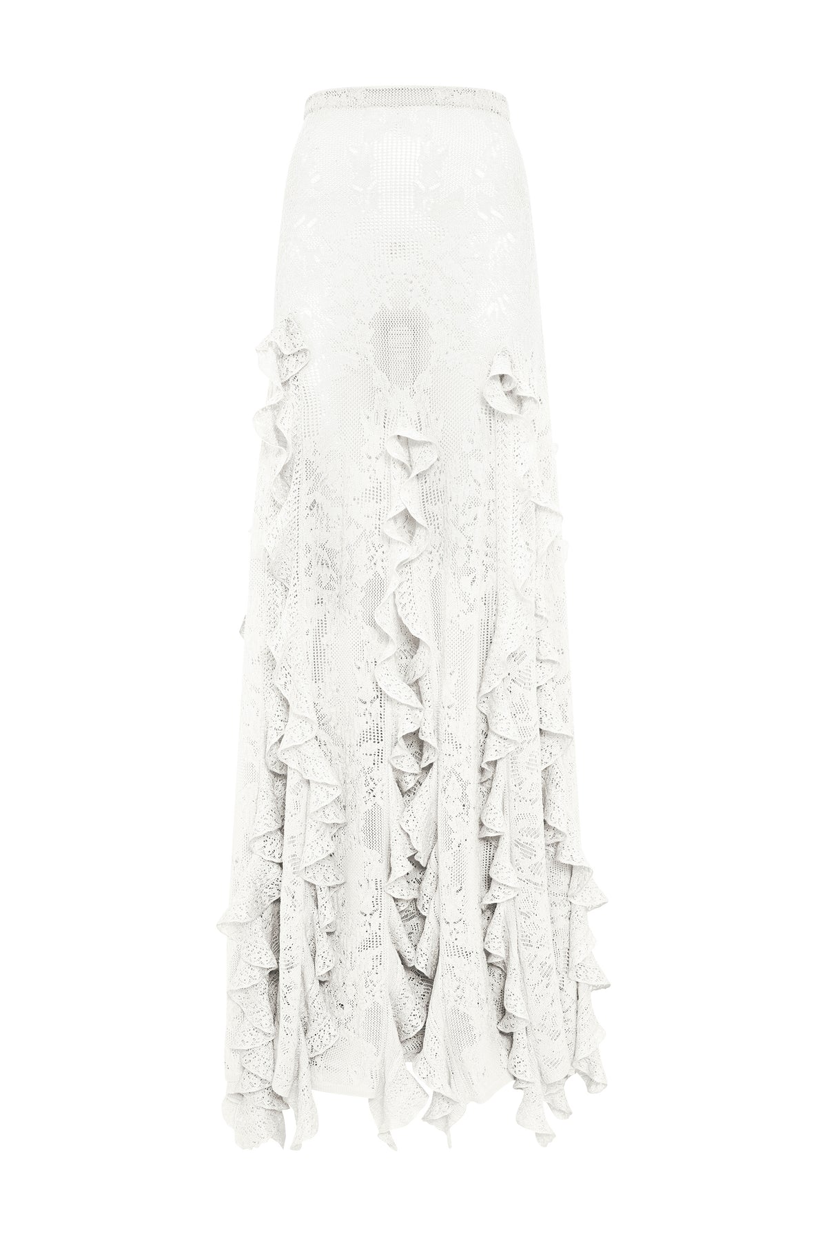 Garnet Pointelle Knit Lace Skirt in Ivory Silk Merino Wool with Custom Ruffles